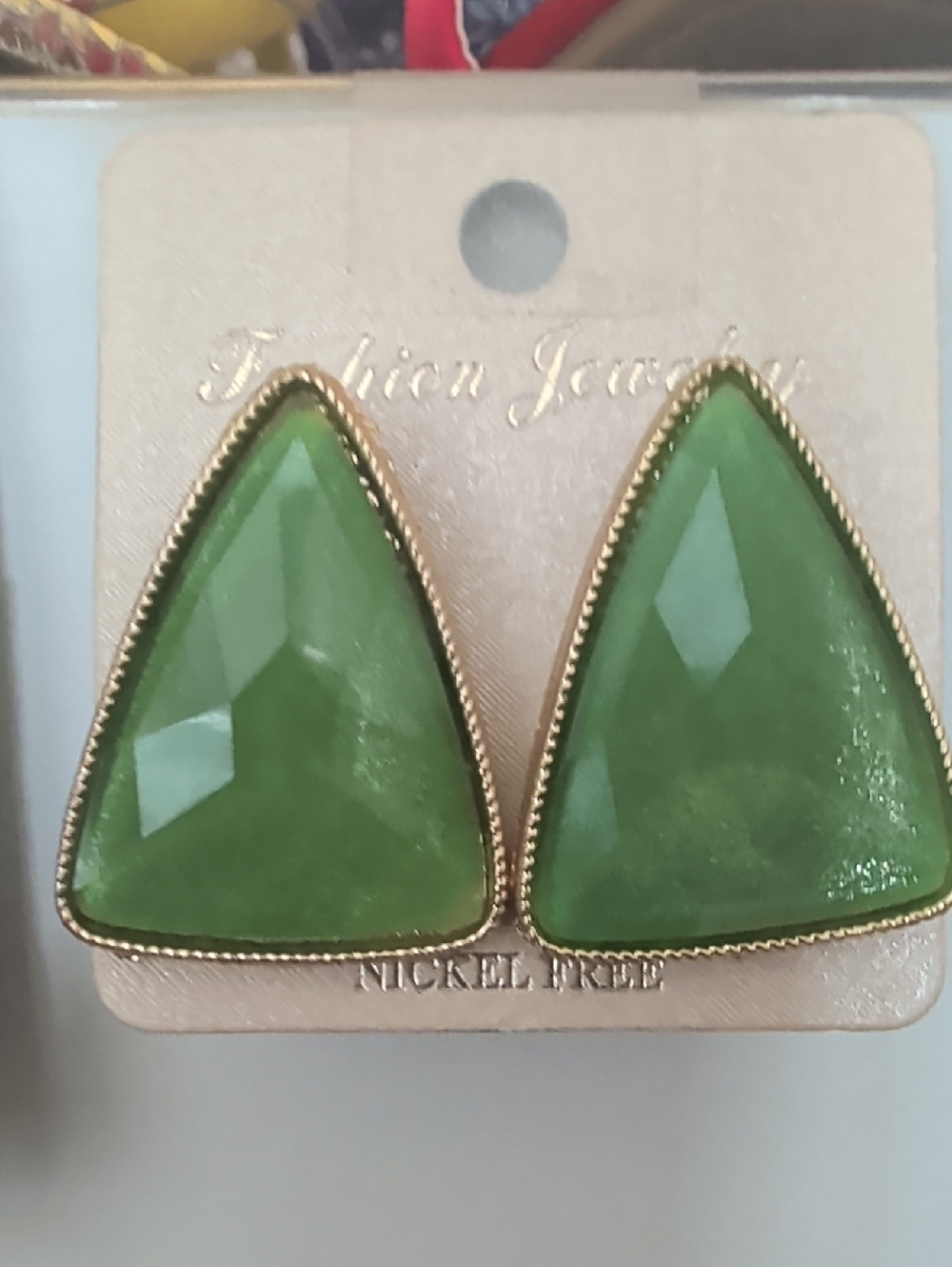 Green Faceted Triangle Earrings with Gold Trim - Women Jewelry